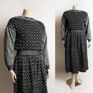 Vintage Knit Sweaterdress - Black and White Geometric Print Knitted Slouchy Dress - 1990s - Boatneck Puff Sleeves - Large