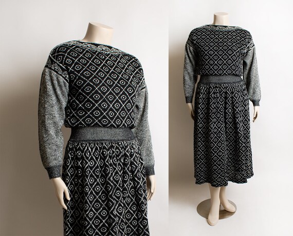 Vintage Knit Sweaterdress - Black and White Geome… - image 1