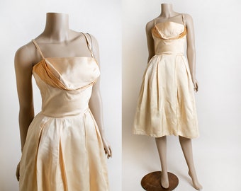 Vintage 1950s Party Dress - Peach Rose Gold Satin Spaghetti Strap Shelf Bust Formal Evening Dress - Lorrie Deb - Small XS