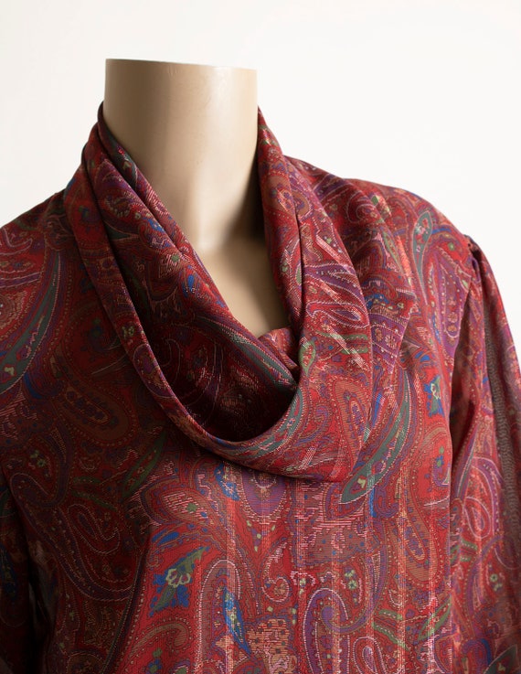 Vintage 1980s Paisley Print Blouse - Maroon Burgu… - image 6