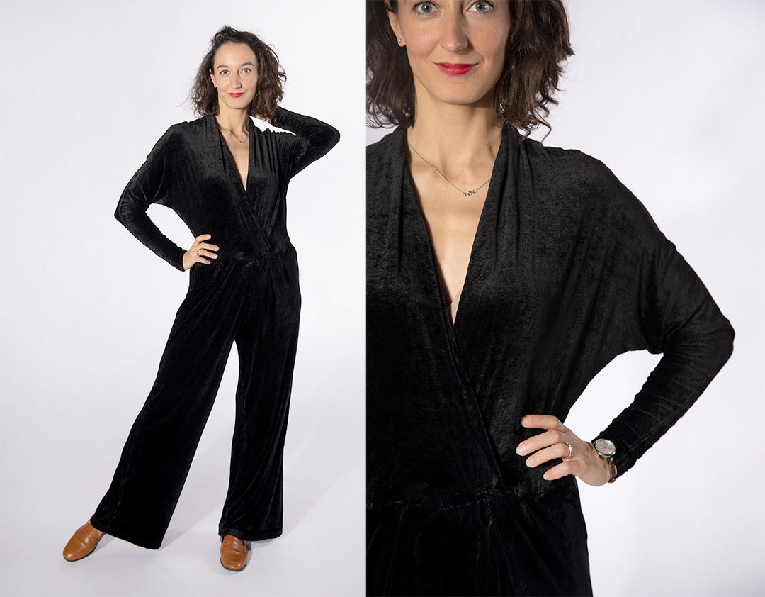Vintage 80s Black MS. CLASSIC Sequin Ruched Tapered Pant Jumpsuit - 8