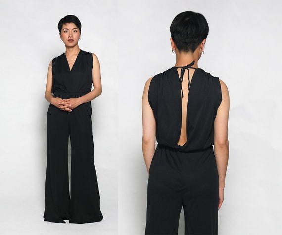 Vintage Disco Jumpsuit - 1970s Black Slinky Wide L