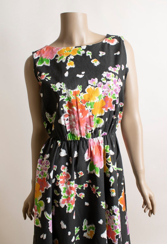 Vintage 1980s Dark Floral Summer Dress - Black Co… - image 5