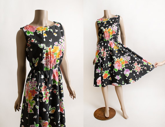 Vintage 1980s Dark Floral Summer Dress - Black Co… - image 1