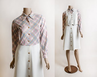 Vintage 1970s Dress & Vest Set - Pastel Plaid Soft Colorful Long Sleeve A-Line Dress with Matching Button Up Vest - Rainbow White - Small