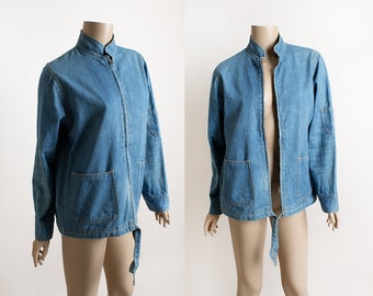 Vintage 1970s Jean Machine Jacket - Denim Front Zip Long Sleeve Coat with Double Pockets and Waist tie - 70s Medium
