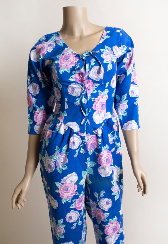 Vintage 1980s Floral Jumpsuit - Bright Royal Blue… - image 5