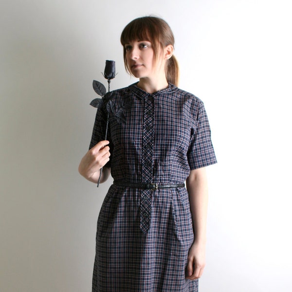 1950s Dress - Vintage Plaid Shirtdress in Navy Blue and Dark Maroon - Large