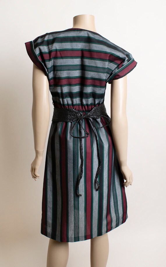 Vintage 1980s Striped Dress with Belt - Maroon Bu… - image 4