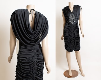 Vintage 1980s Black Cocktail Party Dress - Ruched Draped Liquid Black Sequin Beaded Open Back Evening 80s Glam Bodycon Wiggle Dress - Small