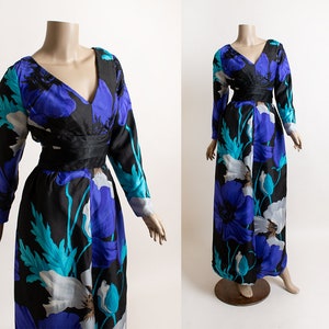 Vintage 1970s Floral Maxi Dress - Blue Teal Black Gray Tropical Hawaiian Flower Print Long Sleeve Pleat Gown - Cocktail Formal - Small