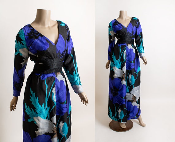 Vintage 1970s Floral Maxi Dress - Blue Teal Black… - image 1