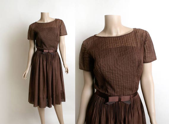 Vintage 1950s Dress Sheer Cotton Chocolate Brown Pintuck Pleated Overlay  Dress 50s Fashion Satin Bow Belt L'aiglon Small Medium 
