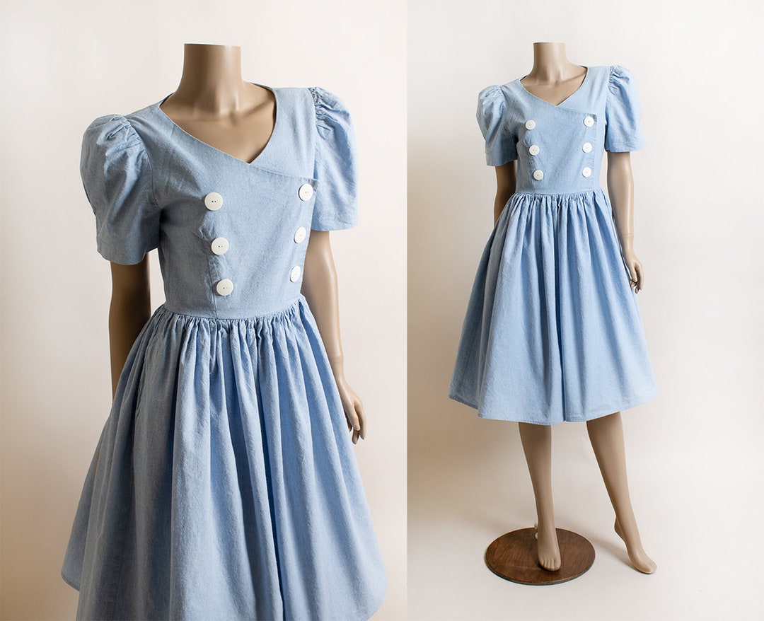 Vintage 1980s Dress Light Pastel Blue Puff Sleeve Double - Etsy