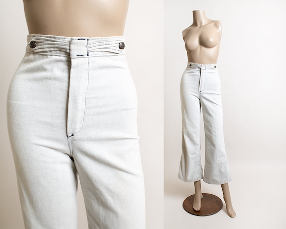 Vintage 1970s Dittos White Jeans Flare Leg High Waist Loop Through