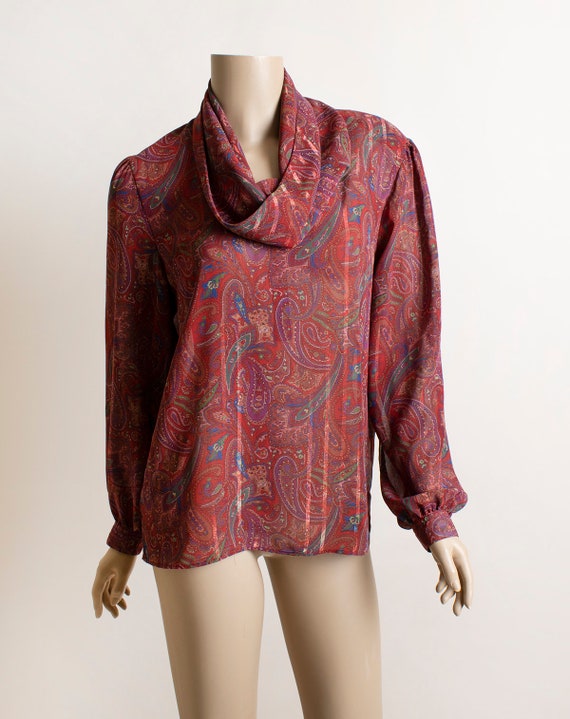 Vintage 1980s Paisley Print Blouse - Maroon Burgu… - image 2