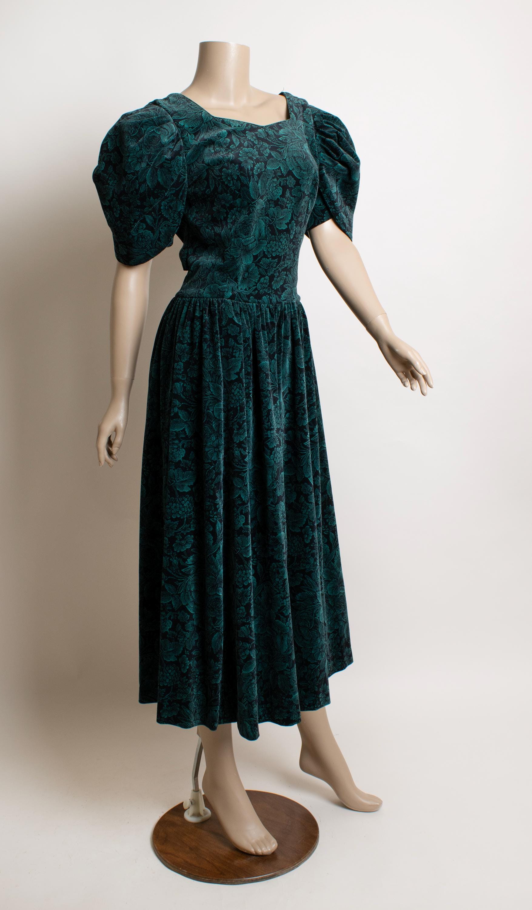 slim fit dress slacks Vintage 1980s Green Velvet Laura Ashley Dress SZ S-M