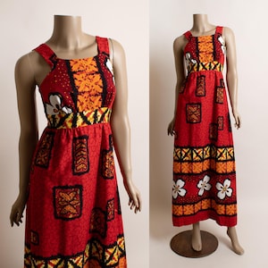 Vintage 1970s Hawaiian Maxi Dress - Red Floral Hibiscus Print Red Orange Tiki Barkcloth Sundress 70s Penneys Island Summer - XS