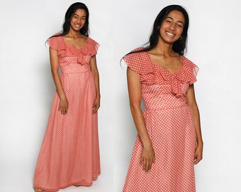 Vintage 1970s Maxi Dress - Polka Dot White & Peach Pink Floor Length Gown - Ruffle Sweetheart Bow - Small