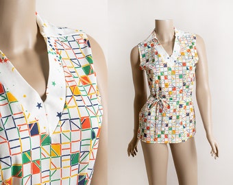 Vintage 1970s Colorful Stars & Squares Print Top - Sleeveless with Tie Belt - V-Neck Rainbow Geometric Flags - 70s - Small