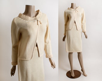 Vintage 1960s Knit Set - Cream Knitwear Top and Skirt - Baby Blue Rhinestones Open Front - Stuart Mackey 60s 70s - Medium