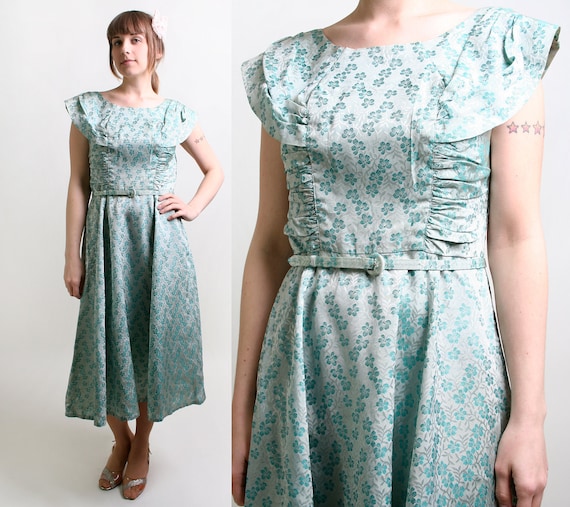 Vintage 1960s Dress - Floral Metallic Brocade Ice