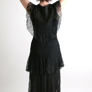 1930s Lace Dress Vintage Jet Black Tiered Skirt Maxi Dress XS Small Evening Gown image 5