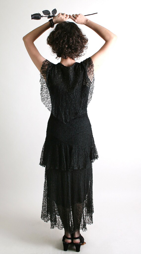 1930s Lace Dress - Vintage Jet Black Tiered Skirt Maxi Dress - XS Small Evening Gown - Etsy 1930s Lace Dress - Vintage Jet Black Tiered Skirt Maxi Dress - XS Small Evening Gown - Etsy