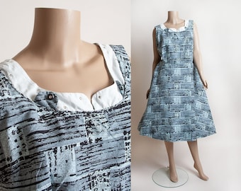 Vintage 1950s Dress - Mid Century Black and Cornflower Blue Abstract Sketch Print Cotton Day Dress with Rhinestones - 1X