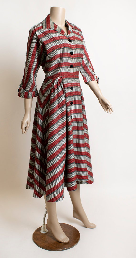 Vintage 1950s Striped Dress - Dark Red Metallic S… - image 3