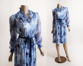 Vintage 1970s Autumn Fall Leaf Print Dress - Shades of Blue - Sheer Puff Sleeves - Ruffle Neckline - 70s 80s Fashion - Bobby's Girl