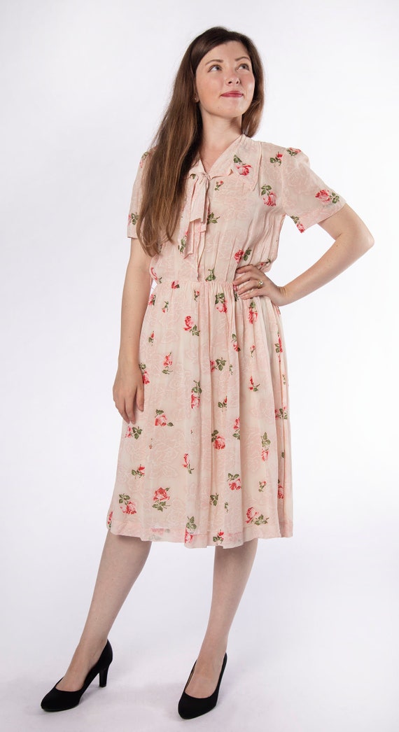 Vintage 1950s Rose Print Dress - Sheer Floral Pri… - image 3