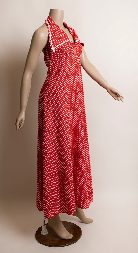 Vintage 1970s Red Polka Dot Maxi Halter Dress - S… - image 3