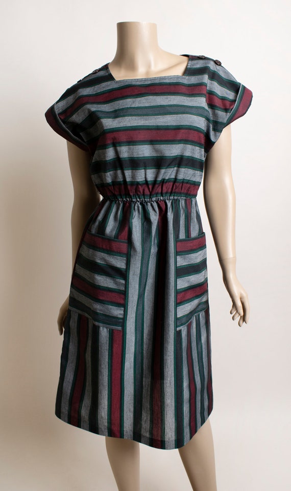 Vintage 1980s Striped Dress with Belt - Maroon Bu… - image 8