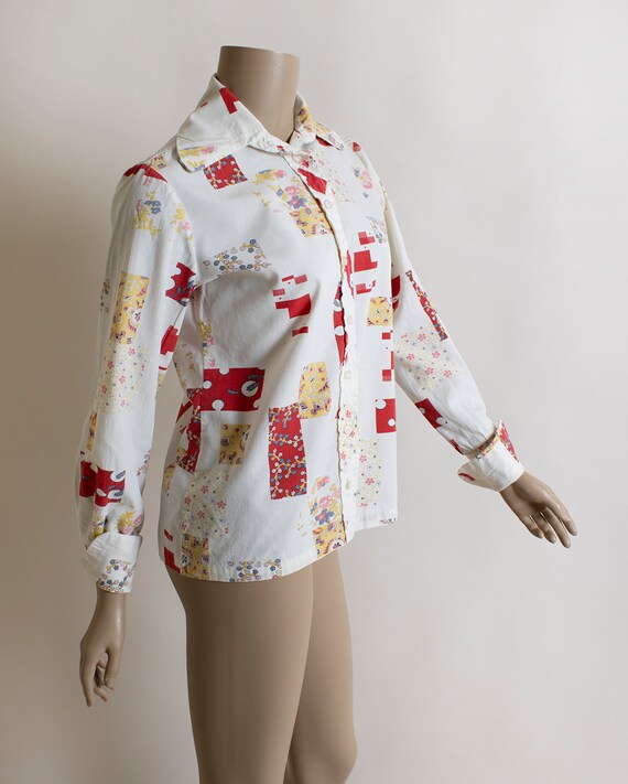 Vintage 1970s Patchwork Blouse - Button Up Front … - image 2
