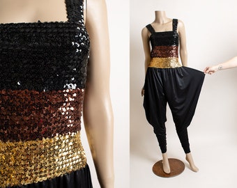 Vintage Sequin Jumpsuit - Black Gold Copper Metallic Bronze Tapered Harem Disco Draped Statement Hips - Medium