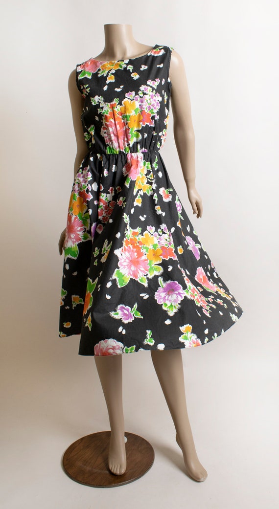 Vintage 1980s Dark Floral Summer Dress - Black Co… - image 8