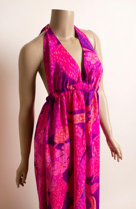 Vintage Hawaiian Maxi Halter Dress - Hot Pink Flo… - image 8