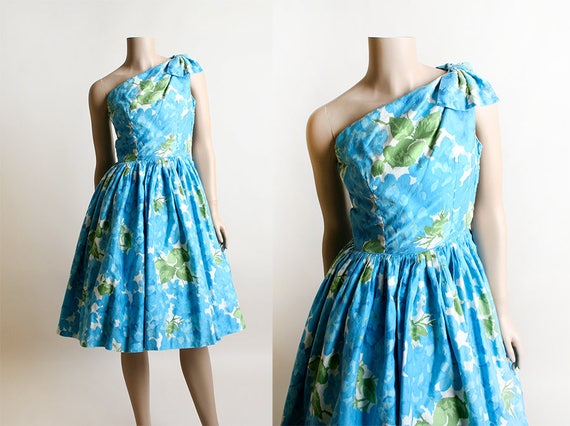 Vintage 1950s Dress - One Shoulder Aqua Blue Flor… - image 1