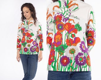 Vintage 1960s Flower Blouse - Mod Bright & Vibrant Rainbow Floral Garden Grass Long Sleeve Portrait Poly knit Top - Small