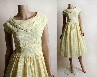 Vintage 1950s Dress - Pastel Lemon Yellow & White Striped Cotton Day Dress with Triangle Yoke and Buttons - Mid Century - Small