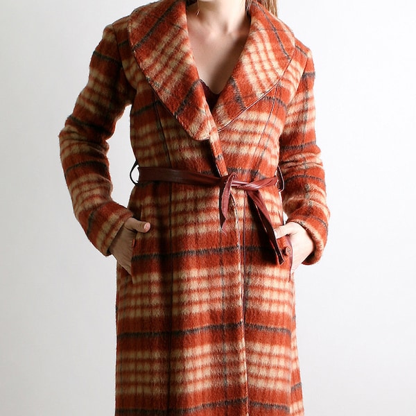 Vintage Wool Coat - 1960s Rust Brown Autumn Plaid Long Coat - Small Autumn