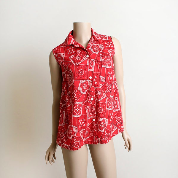 Vintage Bandana Print Blouse - 1950s Sleeveless Red and White Rockabilly Button Up Maternity Blouse - Small