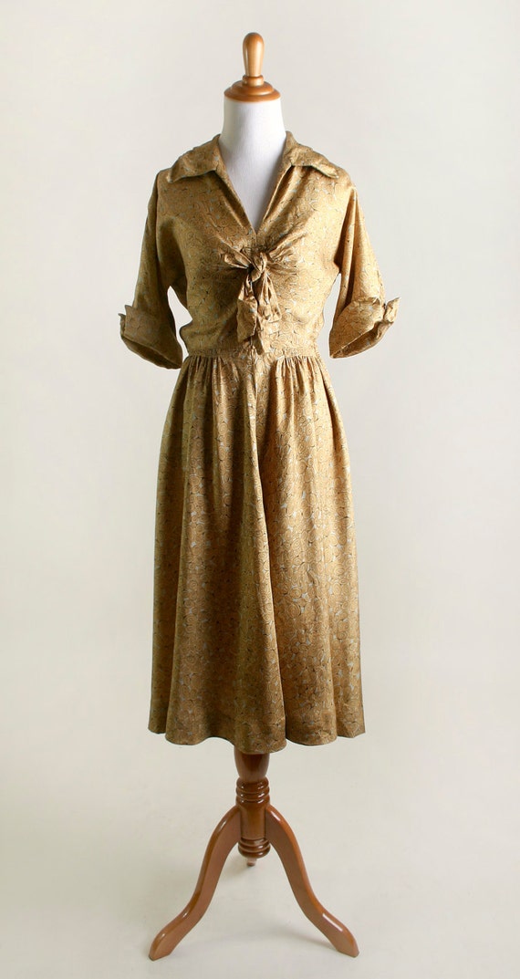 Vintage 1940s Dress - Mustard Yellow Swirls and D… - image 2