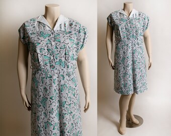 Vintage 1930s Dress - Novelty Print Butterflies in Teal Green & Orange - White Cotton Day Dress - Button Shirtwaist - Large XL