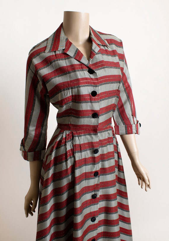 Vintage 1950s Striped Dress - Dark Red Metallic S… - image 6
