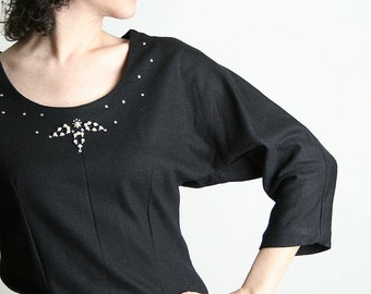 Vintage 1950s Wool Blouse - Black Pearl Beaded Blouse Delicate Vintage Evening Fancy Blouse - 50s Glam Mid Century Top Small Autumn