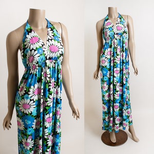 daisy print halter dress 2PS Blue Daisy Floral Print Halter Neck Dress With White Shawl Dress S Jolly Vintage