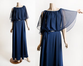 Vintage 1970s Disco Dress - Dark Sapphire Navy Blue Maxi Gown with Sheer Flutter Cape Slit Angel Sleeves - Rhinestone - Small