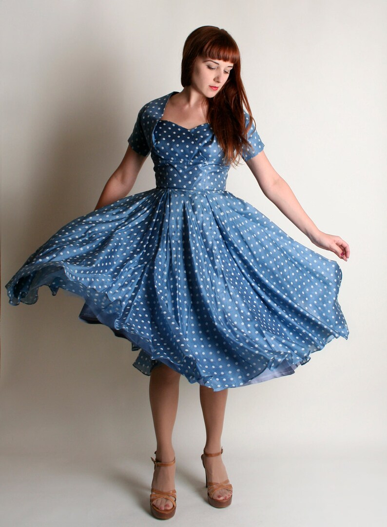 Vintage 1950s Dress Sky Blue Polka Dot Silk Party Dress - Etsy